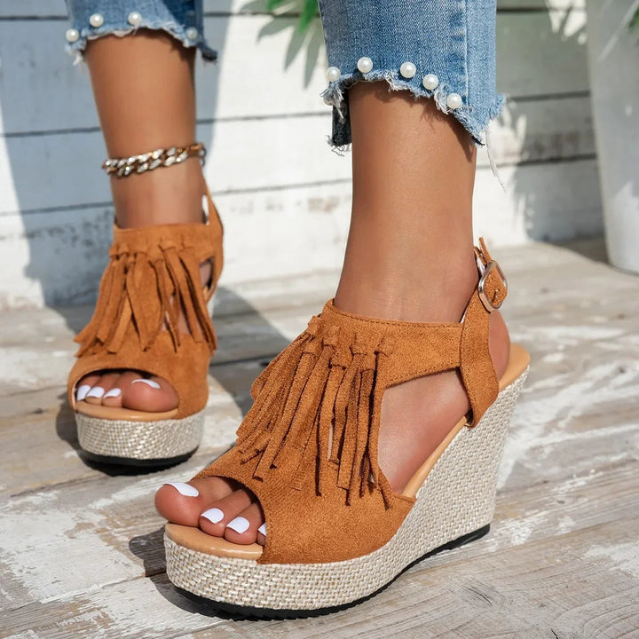 Evelina Tassel Sandals - Comfortable Suede, Cushioned Platform Design