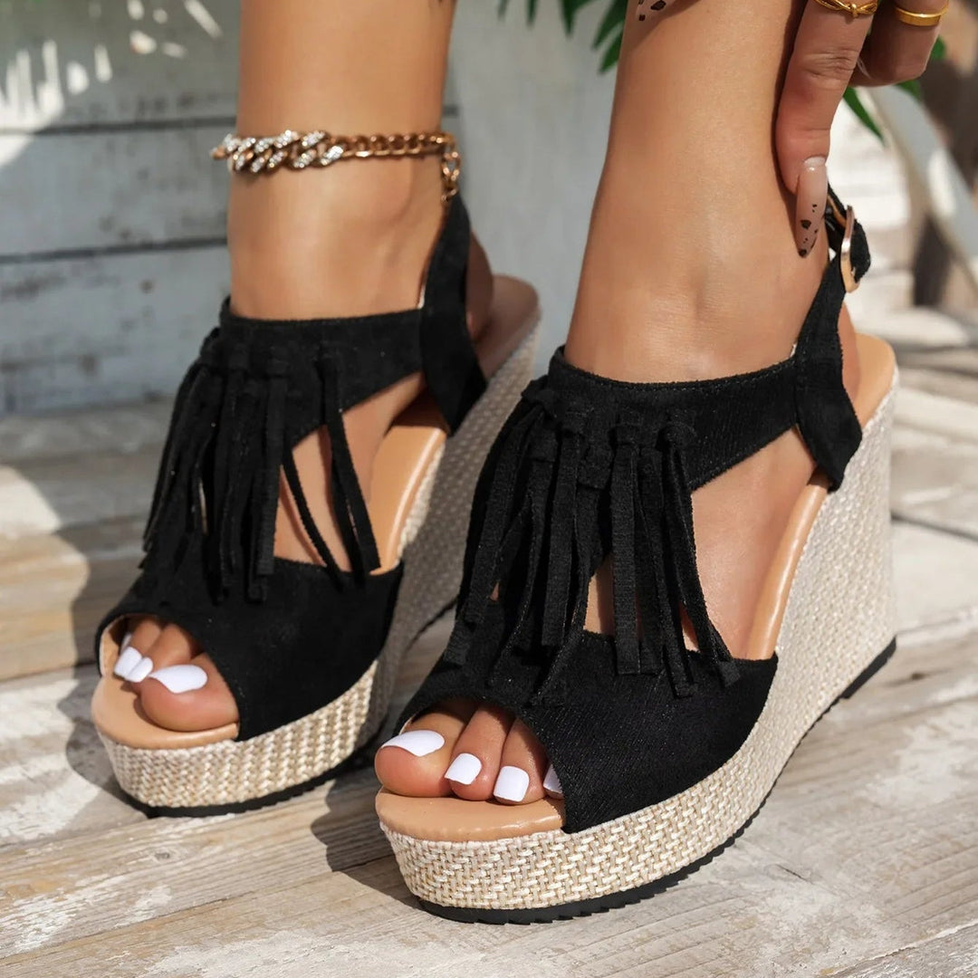 Evelina Tassel Sandals - Comfortable Suede, Cushioned Platform Design