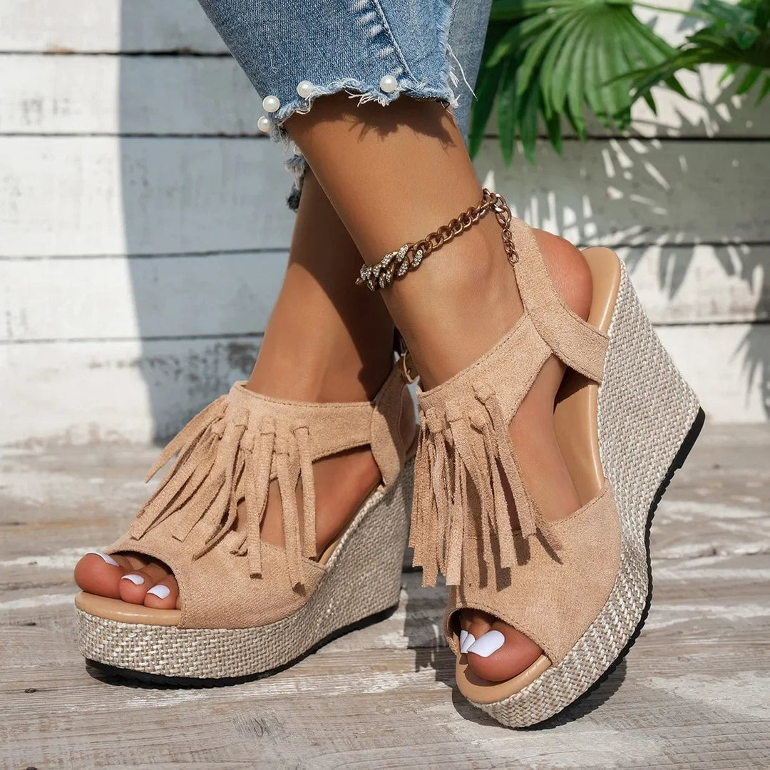 Evelina Tassel Sandals - Comfortable Suede, Cushioned Platform Design