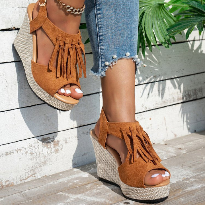 Evelina Tassel Sandals - Comfortable Suede, Cushioned Platform Design