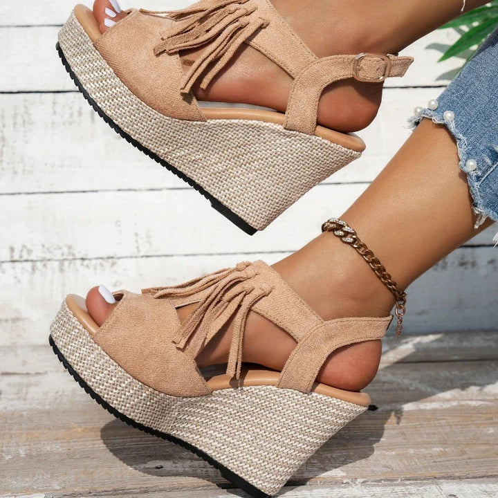 Evelina Tassel Sandals - Comfortable Suede, Cushioned Platform Design