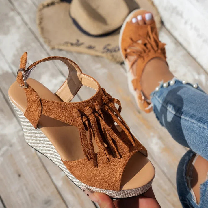 Evelina Tassel Sandals - Comfortable Suede, Cushioned Platform Design