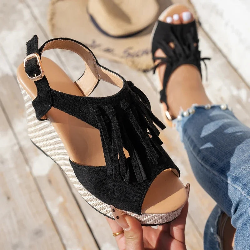 Evelina Tassel Sandals - Comfortable Suede, Cushioned Platform Design