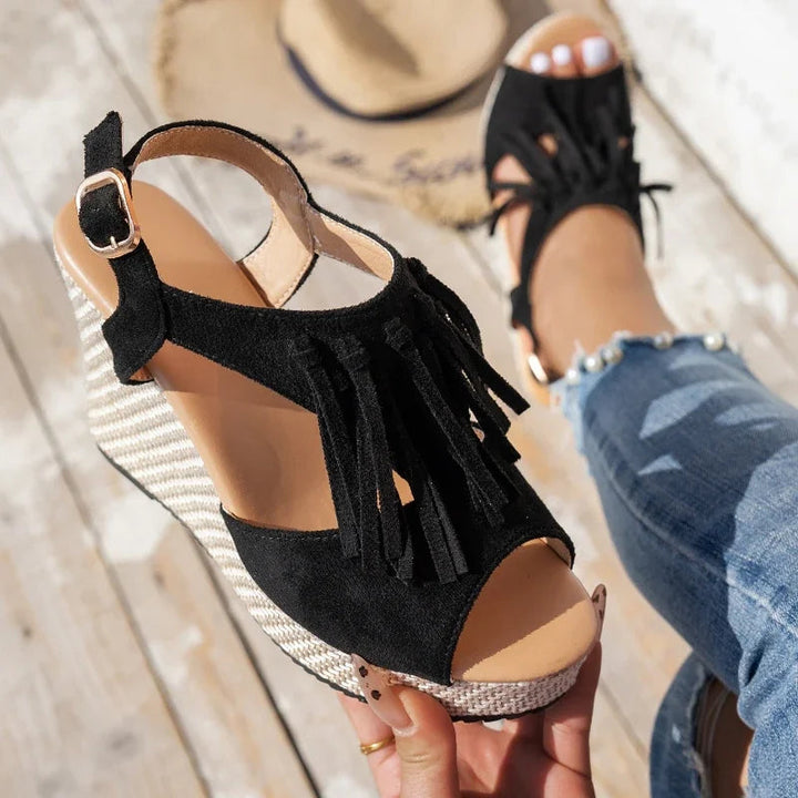 Evelina Tassel Sandals - Comfortable Suede, Cushioned Platform Design