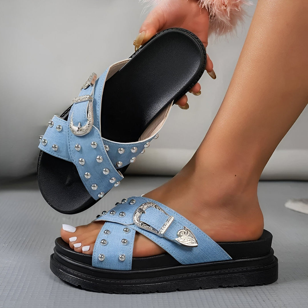 Mira Denim Slides - All-Day Comfort with Stylish Accents