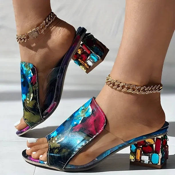 Rhinessa Shine Heels - Vibrant Rhinestones & Comfortable Block Heel